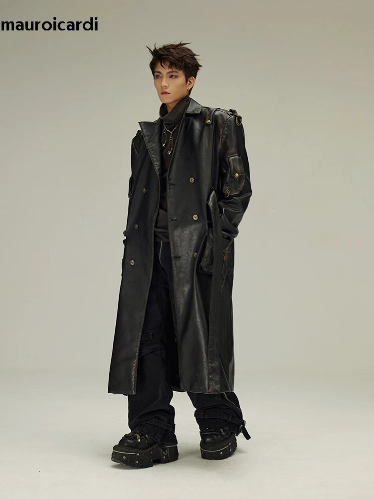 Mauroicardi SpringSummer AutumnWinter Long Distressed Black Pu Leather Trench Coat Mens Belt Double Chest y European Fashion 250312