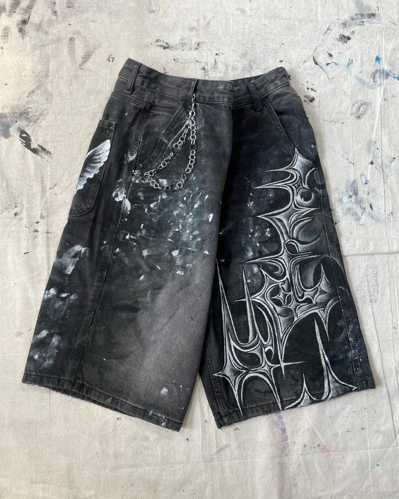 High Street Fashion High Waist Washed Denim Shorts Women Y2k American Hip Hop Rock Fashion Graffiti Oversized Shorts Men 250310