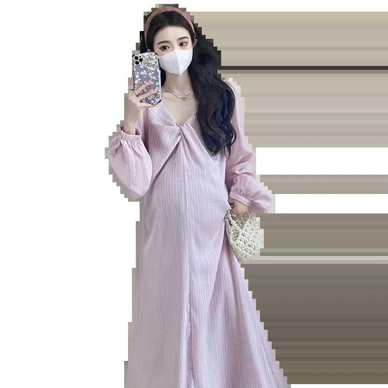 Korean Style Maternity Floor-length Dress Plus Size Lantern Sleeve V-neck Pregnant Woman Beach Dresses PinkT250311