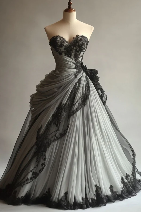Vintage Silver And Black Prom Dresses Lace Appliques Ruched Sweetheart Strapless Long Evening Gown Lace-up Corset Gothic Special Occasion Dress