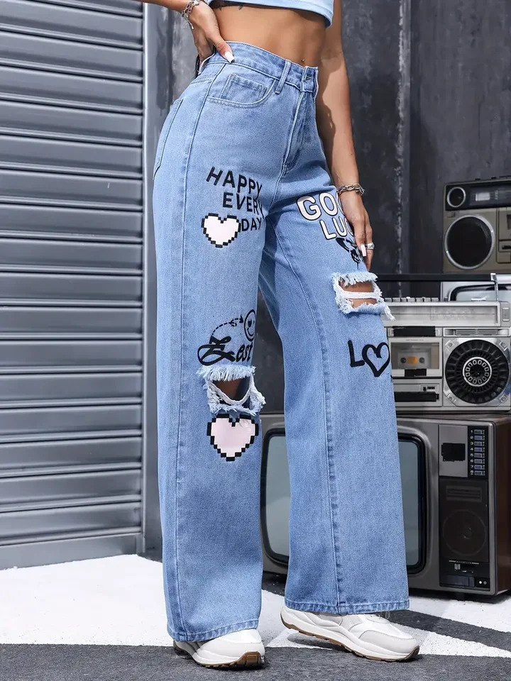 Womens High Waist Button Up Print Jeans Fashion Casual Straight Pants for Women Spring Summer Chic Ripped 250311