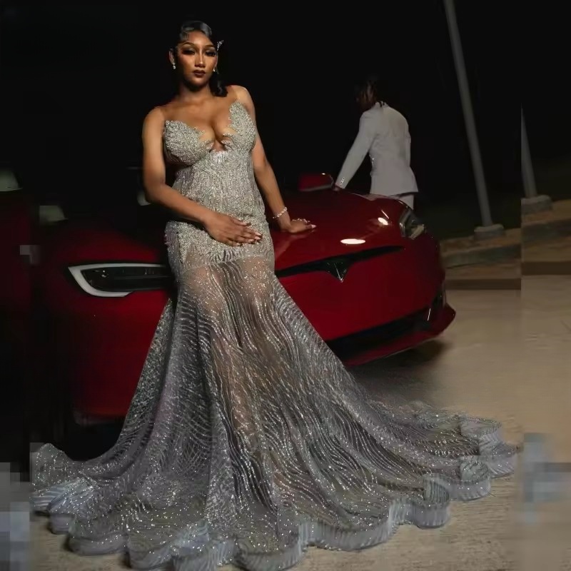 Shinny Sier Lace Plus Size Prom Dresses 2025 Crystal Sequin Mermaid Party Dress Gala Long Robe De Bal Evening Gowns Customized