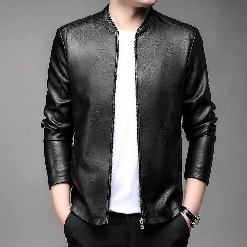 2024 New Oversize Mens Stand Collar PU Leather Jacket Motorcycle Plus Size Faux Leather Coat Business Casual Winter OutwearT250311
