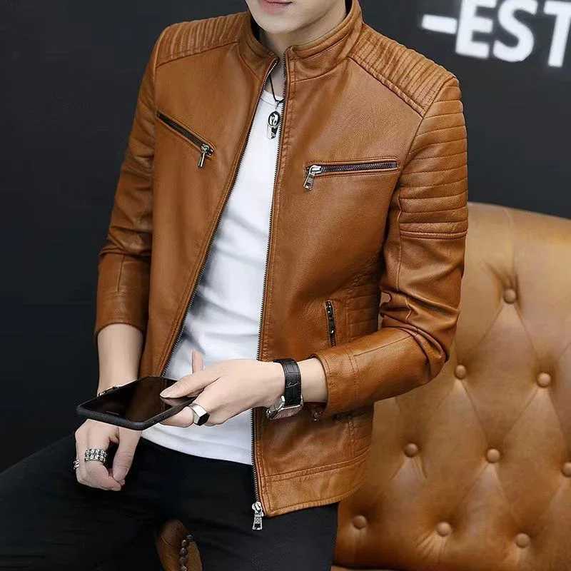 Stand Collar Loose Casual PU Leather Jacket Male Zipper Coat Men Trend Fashion Cardigan Top OutwearT250311