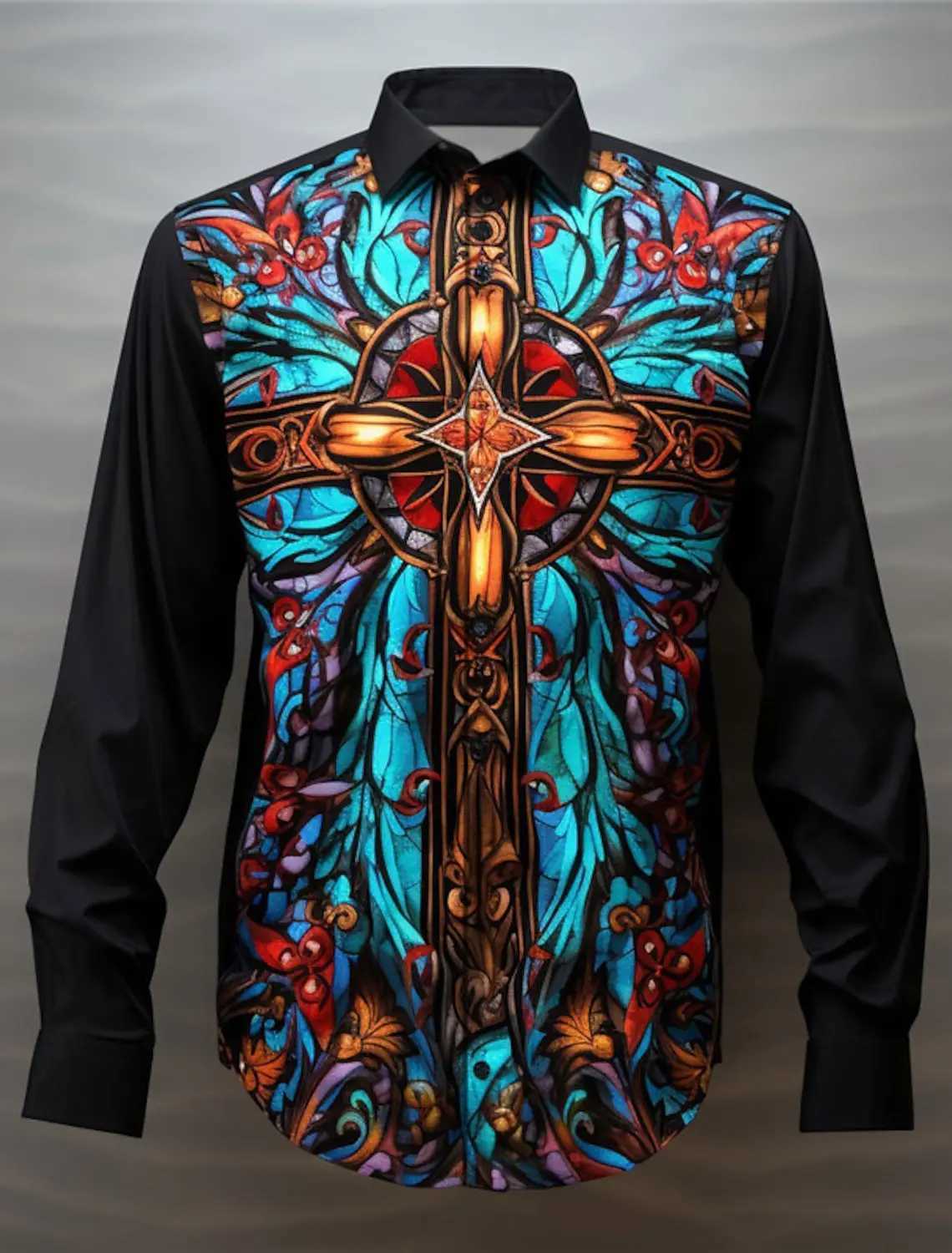 2024 Colorful Cross Art Abstract Mens Shirt worn daily with autumn revolving door long sleeved 4-way stretch fabric shirt W250312