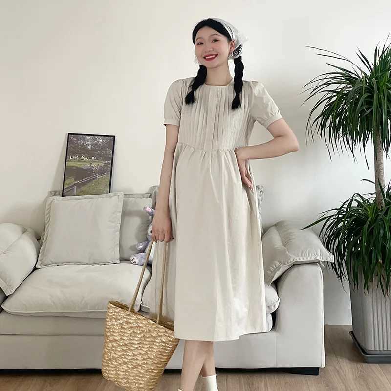 Korean Style Maternity Fashion Dress Plus Size Short Sleeve O-neck Pregnant Woman Brief Dress Solid Color Pregnancy A-line DressT250311