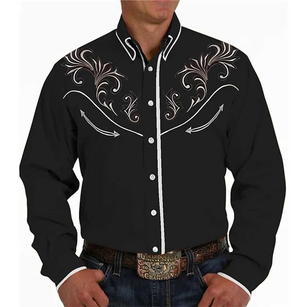 Retro Western style mens shirt 3D printed black outdoor street button long sleeved fashionable casual designer shirt W250312