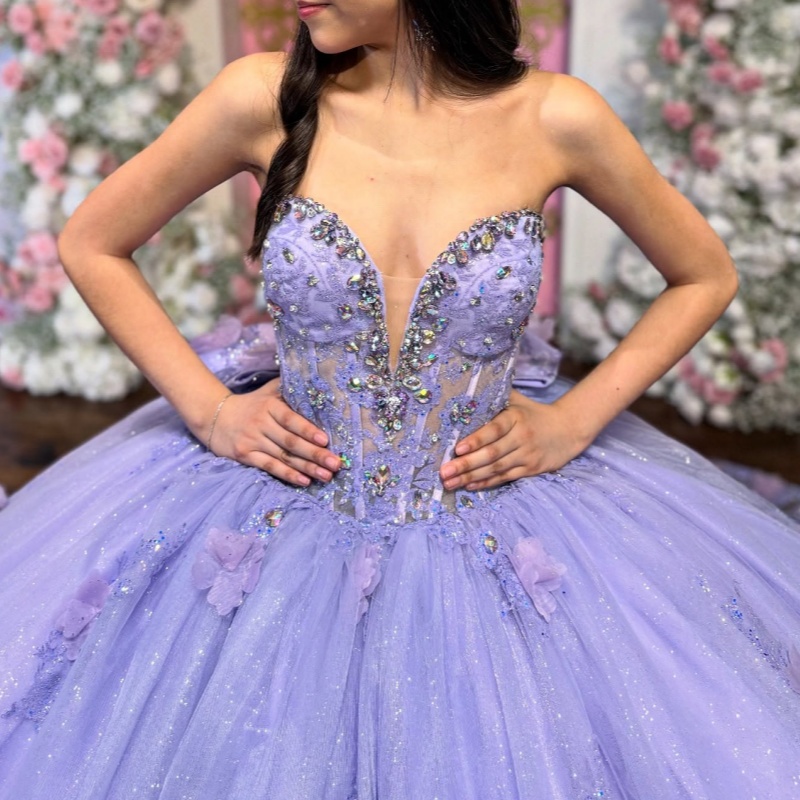 Lavender Shiny Off Shoulder Quinceanera Dresses Applique Flower Beading Crystal Corset Tull Party Birthday Sweet 16 Dress Vestidos 15 Anos