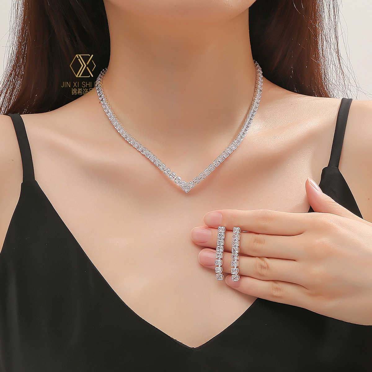 Jewelry Full Diamond Zircon Necklace Earring Set Chain Wedding Dress Jewelry Simple Set W250312