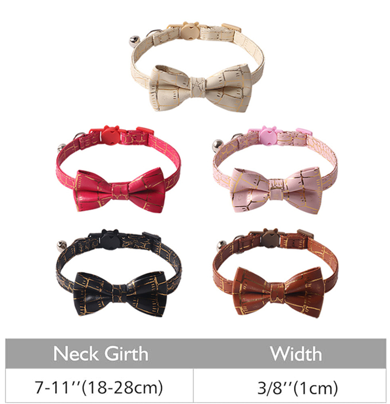 Fashion Cat Collar Cool PU Leather with Bow Tie Detachable Bell Safety Breakaway Gold Stamp Pattern Cat Collar Pet Gift for Boy Girl Cats Puppy Black 