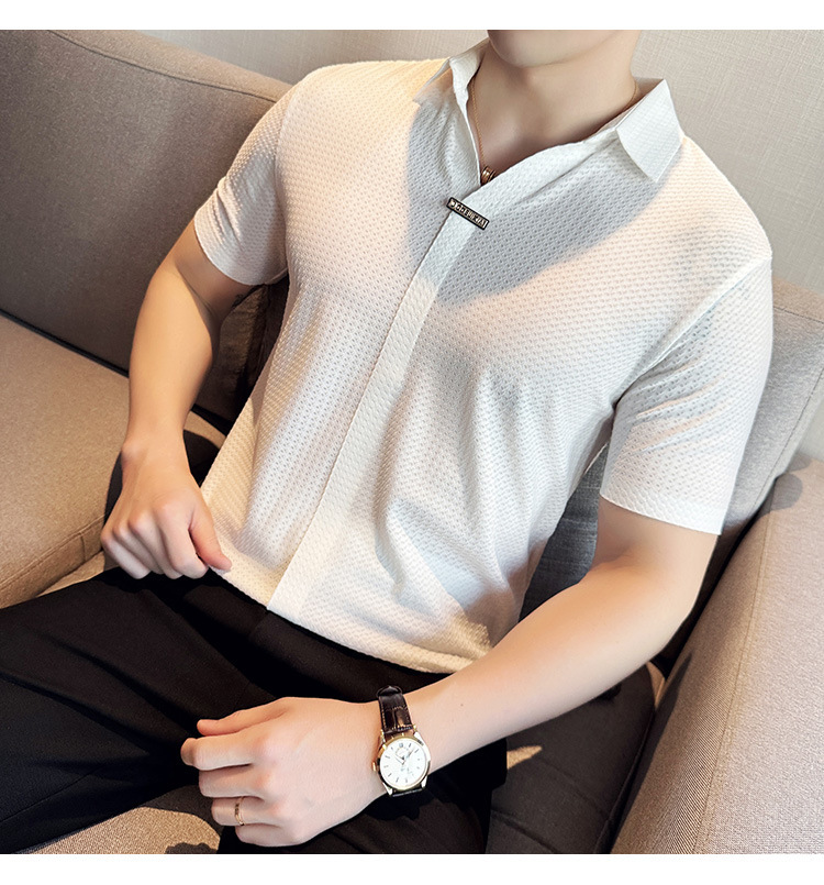 Summer slim fit T-shirt with high-end ice silk, no trace, pressure glue, high elasticity, V-neck, thin design, Waffle short sleeved polo shirt, black