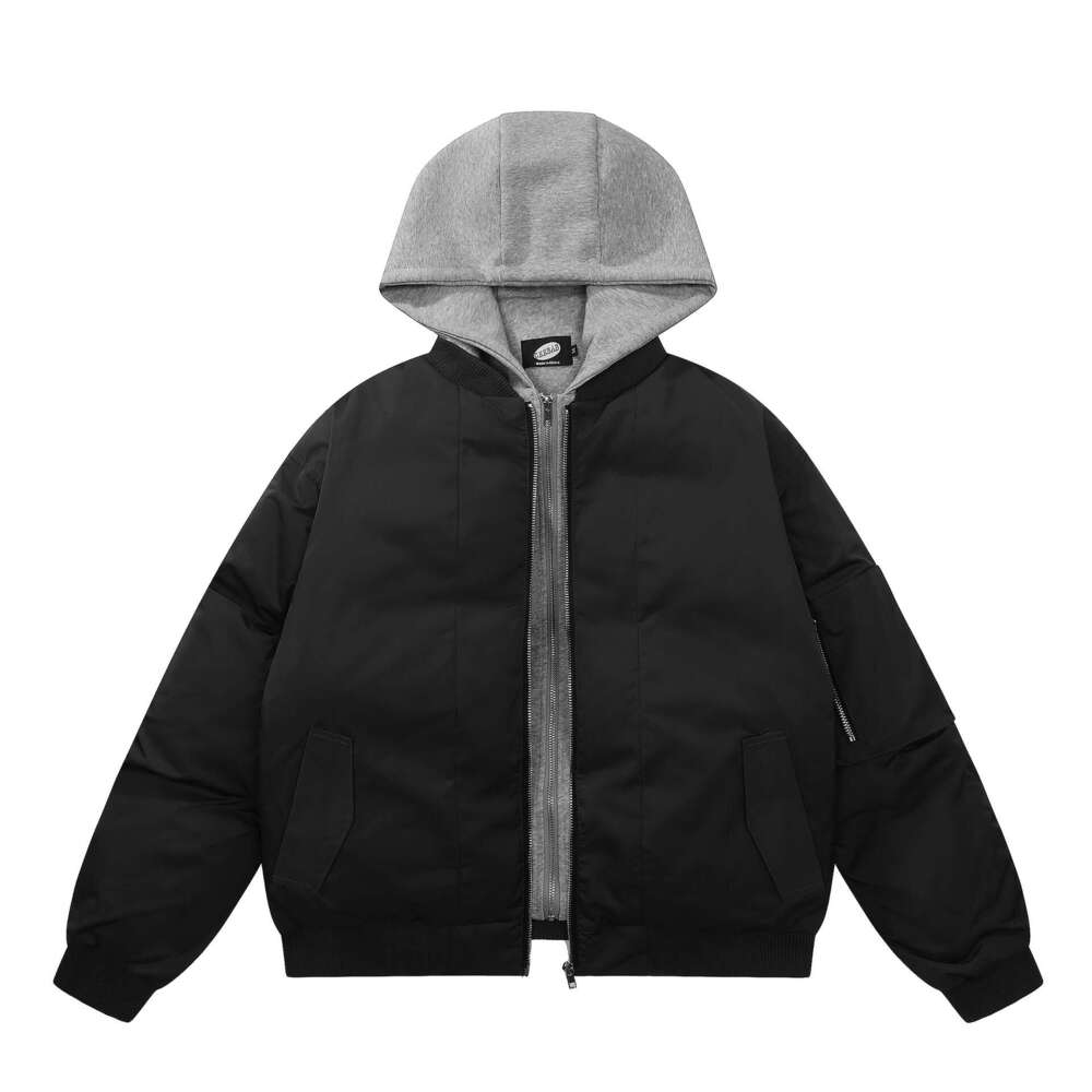 Jiayiku Trendy Brand 2024 Winter New American Thick Fake Two Piece Flight Coat Hooded Cotton Jacket