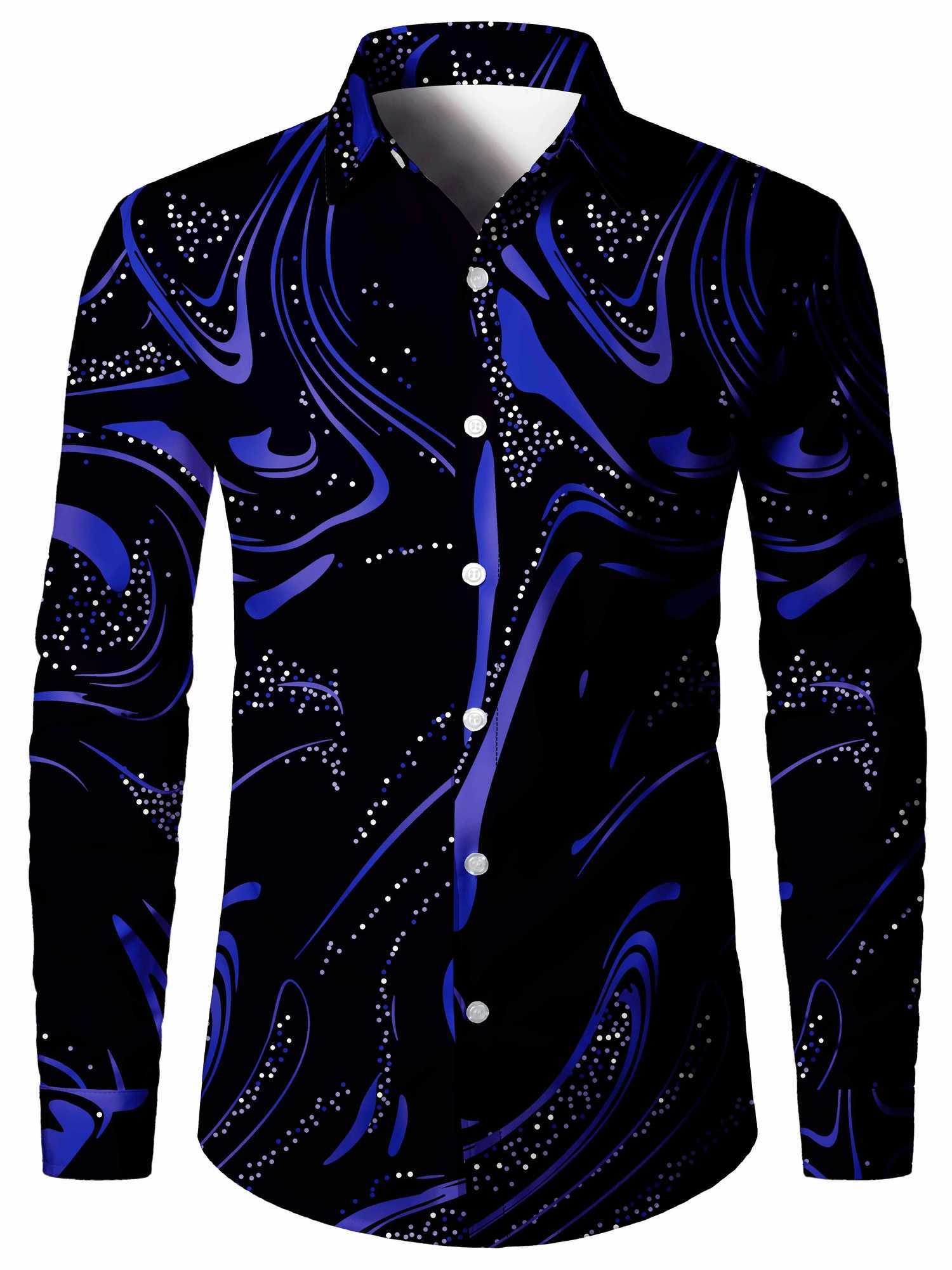 Mens Stylish Lapel-Collar Gold Glitter Printed Long Sleeve Shirt casual tops Stripe print full sleeve shirt for men clothing W250312