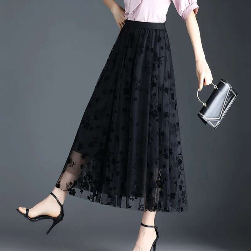 Korean Women Tulle Fashion Summer Hook Ral Loose Midi Skirt Elegant Female Casual All Match Mesh Skirts New
