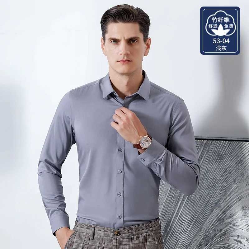 Bamboo Fiber Mens Long Sleeve Shirt Luxury Solid Stretch Comfort Soft Square Collar Brand Formal Slim Fit Non Iron Smooth Shirt W250312
