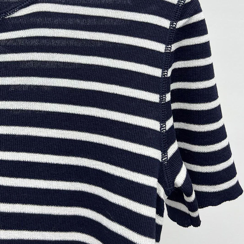 Women's Cashmere Striped Short Sleeve T-Shirt Designer Round Neck Button Detail Loose Fit Knit Tees Trendy Sexy Early Spring Fashion Luxury High-