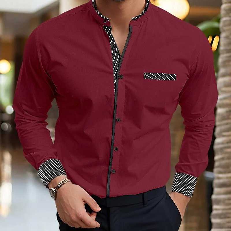 Mens Shirts Stand Collar Shirts Formal Button Shirts Grey Long Sleeves Spring Summer Wedding Everyday Wear Front Pockets 6XL W250312