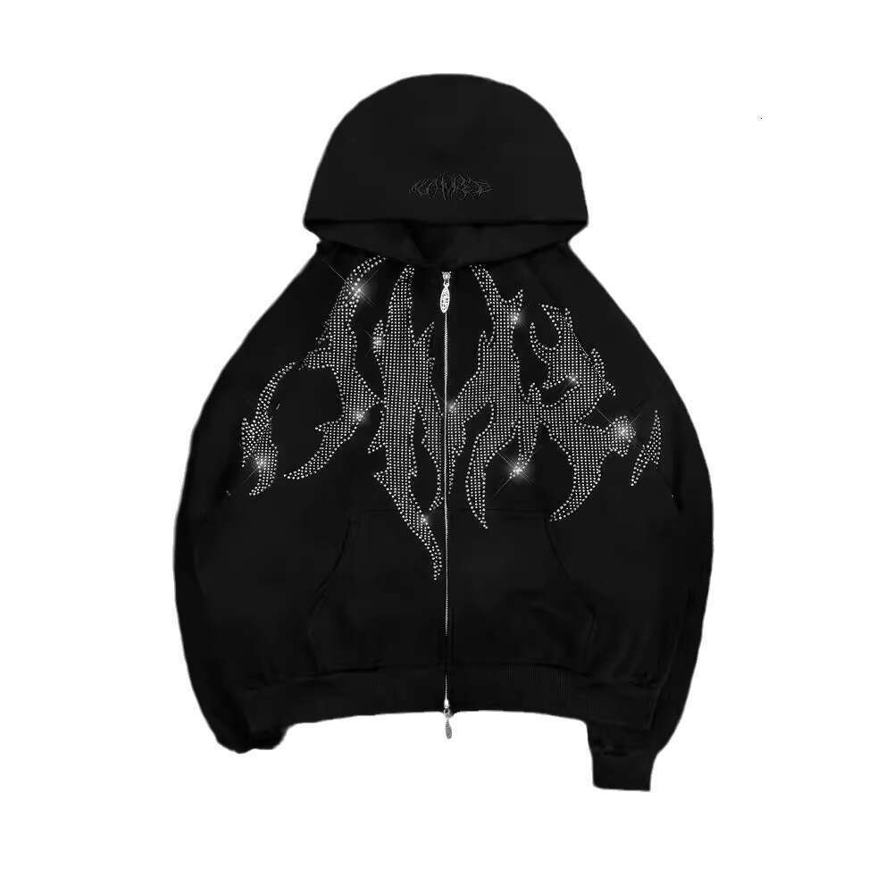 American High Y2K Hot Diamond Zipper Neutral Hip Hop Loose Harajuku Street Hoodie