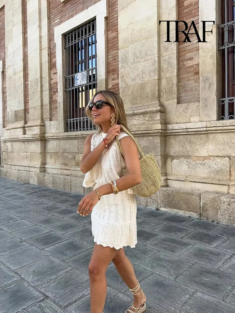 TRAF Womens Fashion Jacquard Sleeveless Top Set Elegant Skeleton Knitted Mini Skirt Lace Folded 250312