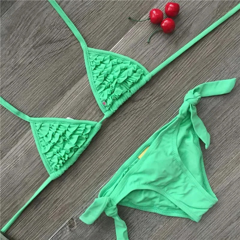 Girls Swimwear Bikini Menina Cute Kids Two Pieces Swimwear Quality Children Bathing Suits Kids Falbala Biquini Infantil 4 Colors 250311