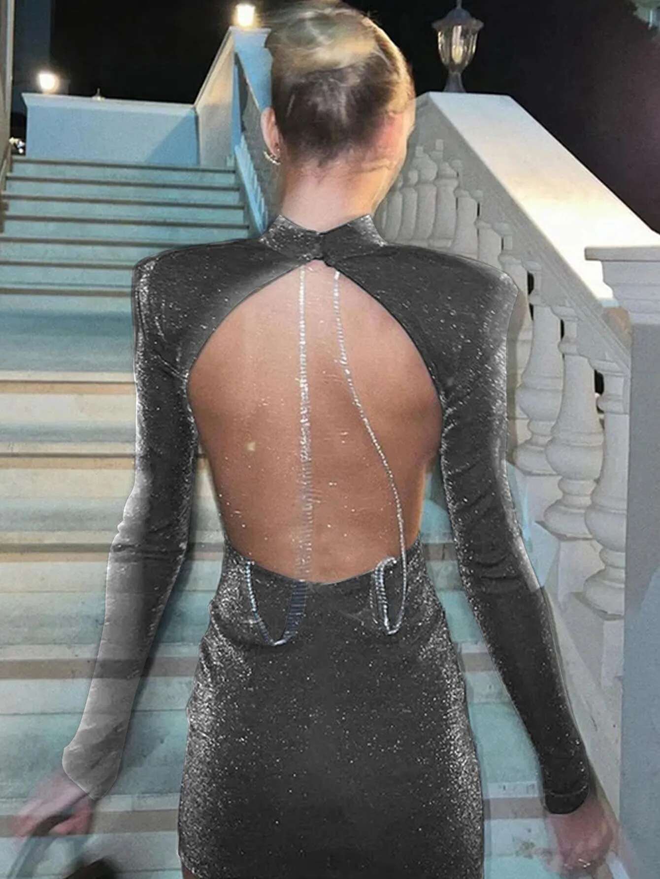 Europe The United States Style Women's Spring And Summer New Fashion Sexy Backless Round Neck Long Sleeve Bag Buttock Dress