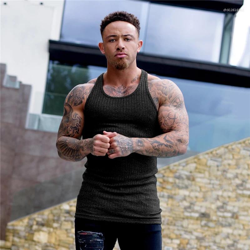 Men's Tank Tops Pit Stripes Knitted Y Back Fitness Mens Bodybuilding Stringer Singlets Slim Fit Muscle Sleeveless Shirt Gym Clothing