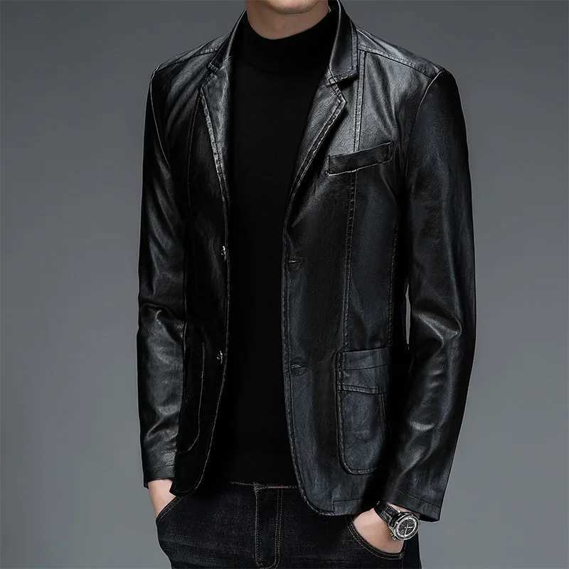 Men Pu Blazers New Korean Style Slim Fashion Leather Coat Streetwear Dress Suit Coat Mens Jackets Lapel Business Leather JacketsT250311