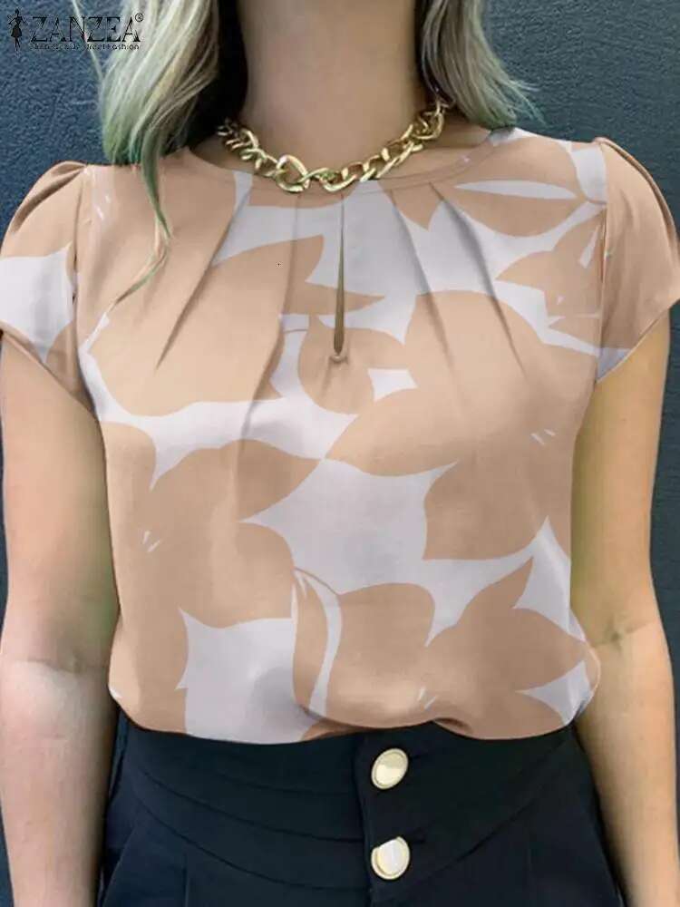 ZANZEA Summer Fashion Ral Printed Blouse Bohemian Holiday Tops Woman Elegant Short Sleeve Work Shirt Casual Pleated Blsuas