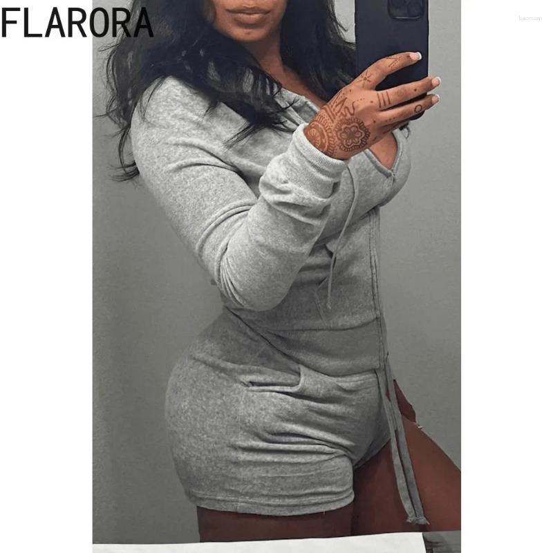 Womens Tracksuits FLARORA Casual Solid Hooded Zip Shorts Woman Long Sleeve Tops And Two Piece Set Female Street Sporty Outfits