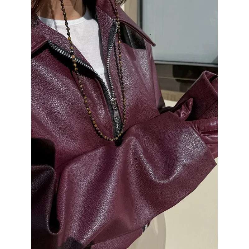 Angola Red Jacket Leather Motorcycle Street Fashion 2024 Autumn And Winter New Top Women's Elegant Coat