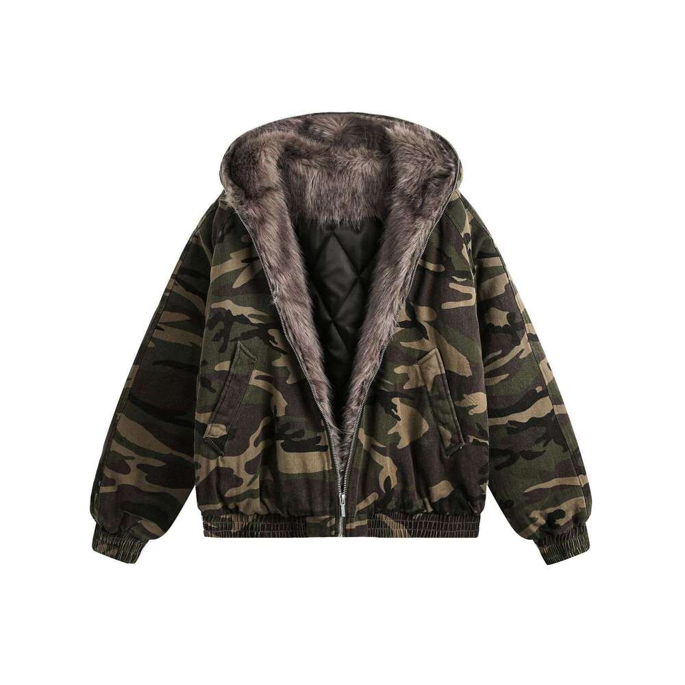 Jiayiku Men's 2024 New Winter Camouflage Breadwear With Velvet And Jacket, American Trendy Brand Cotton Jacket