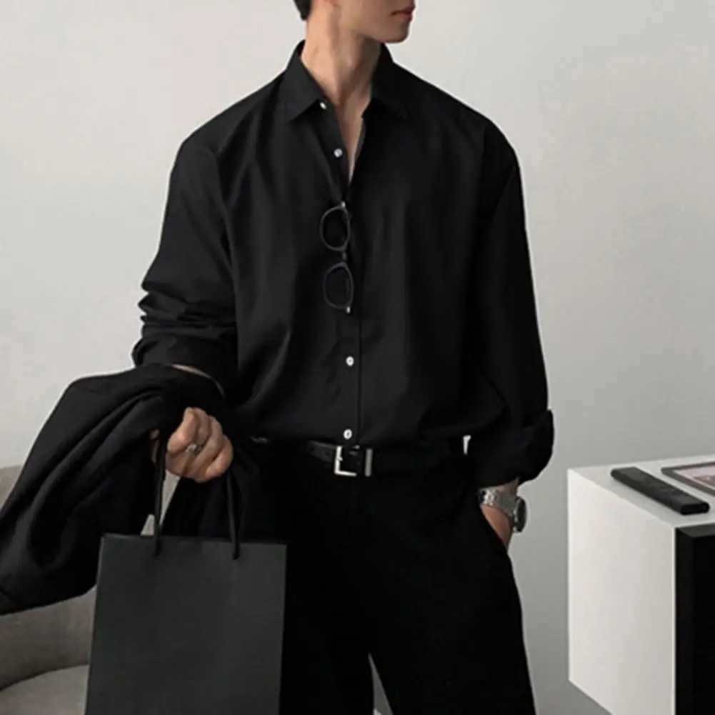 Mens shirt with loose collar single mouth long sleeved formal business solid color breathable mens mid length shirt W250312