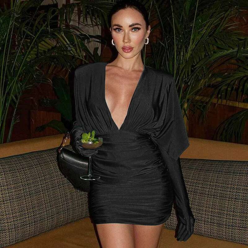 2025 New Spring Fashion Sexy V Neck Bodycon Mini Dress For Women Elegant Gown Party Club Outfits Draped Gloves Dresses Clothes