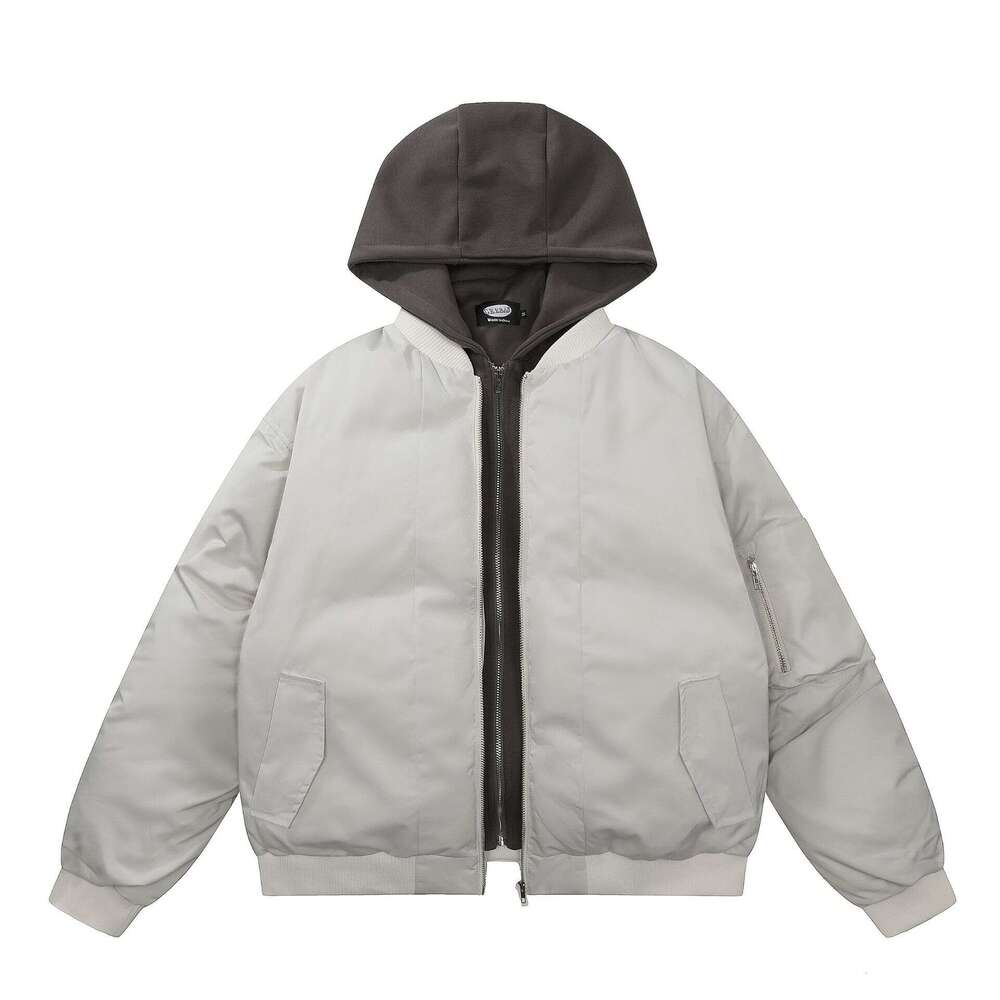 Jiayiku Trendy Brand 2024 Winter New American Thick Fake Two Piece Flight Coat Hooded Cotton Jacket