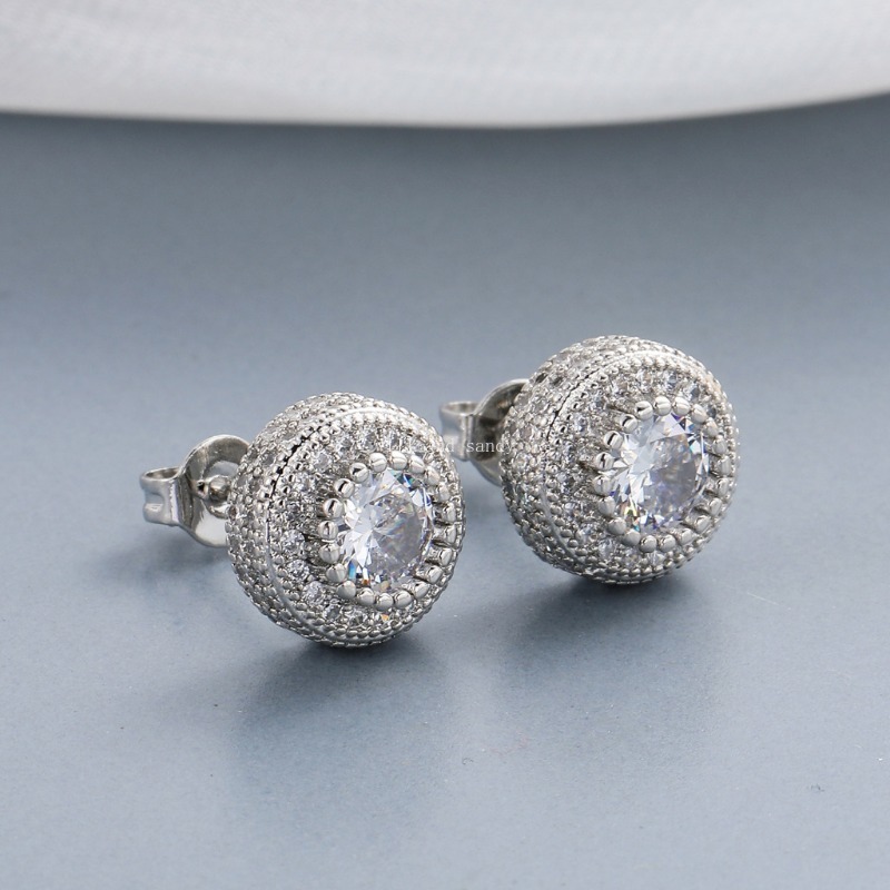 Iced Out Cubic Zirconia Stud Earrings Round 14k Gold Silver Hip Hop Earring Hoop Hypoallergenic Jewelry for Woman Man CZ Crystal hiphop Fine Jewelry