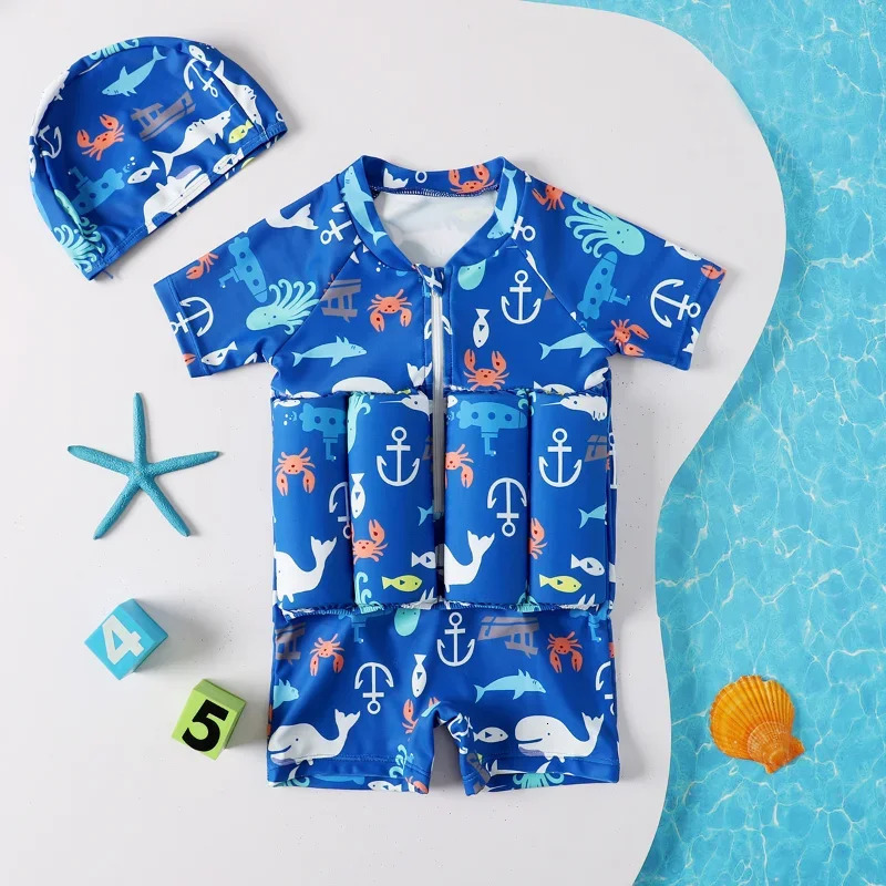 Children Swimming Training Swimwear Boys Girls Swimming Suit Detachable Floating Swimsuit Kids Buofancy SwimwearCaps Suit 250311