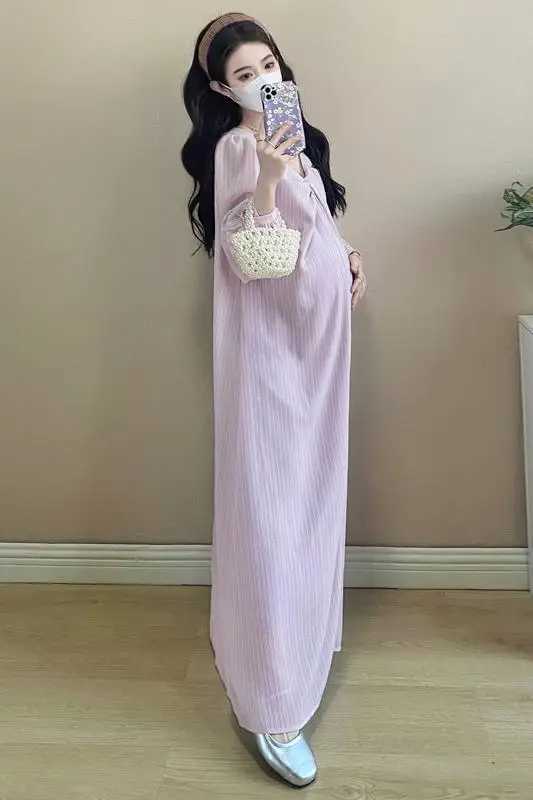 Korean Style Maternity Floor-length Dress Plus Size Lantern Sleeve V-neck Pregnant Woman Beach Dresses PinkT250311