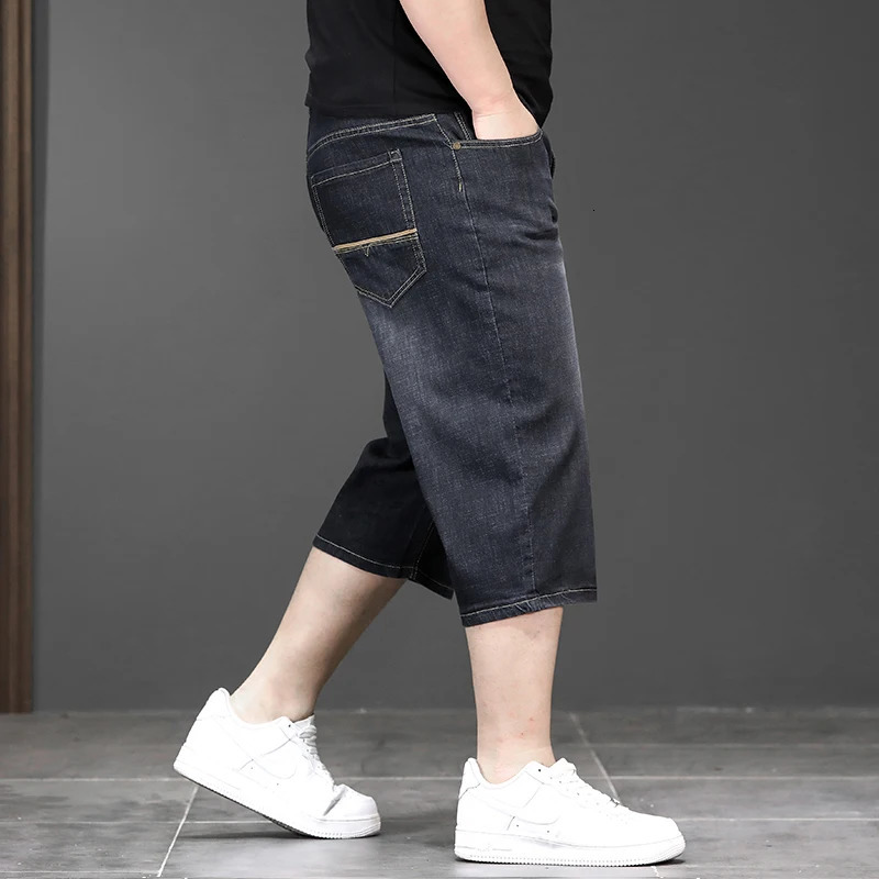 Big Size Long Length Mens Shorts Loose Stretch Jean Bermuda Male Thin 3/4 Capris Summer Light Large Plus Fat Denim Breeches 250310