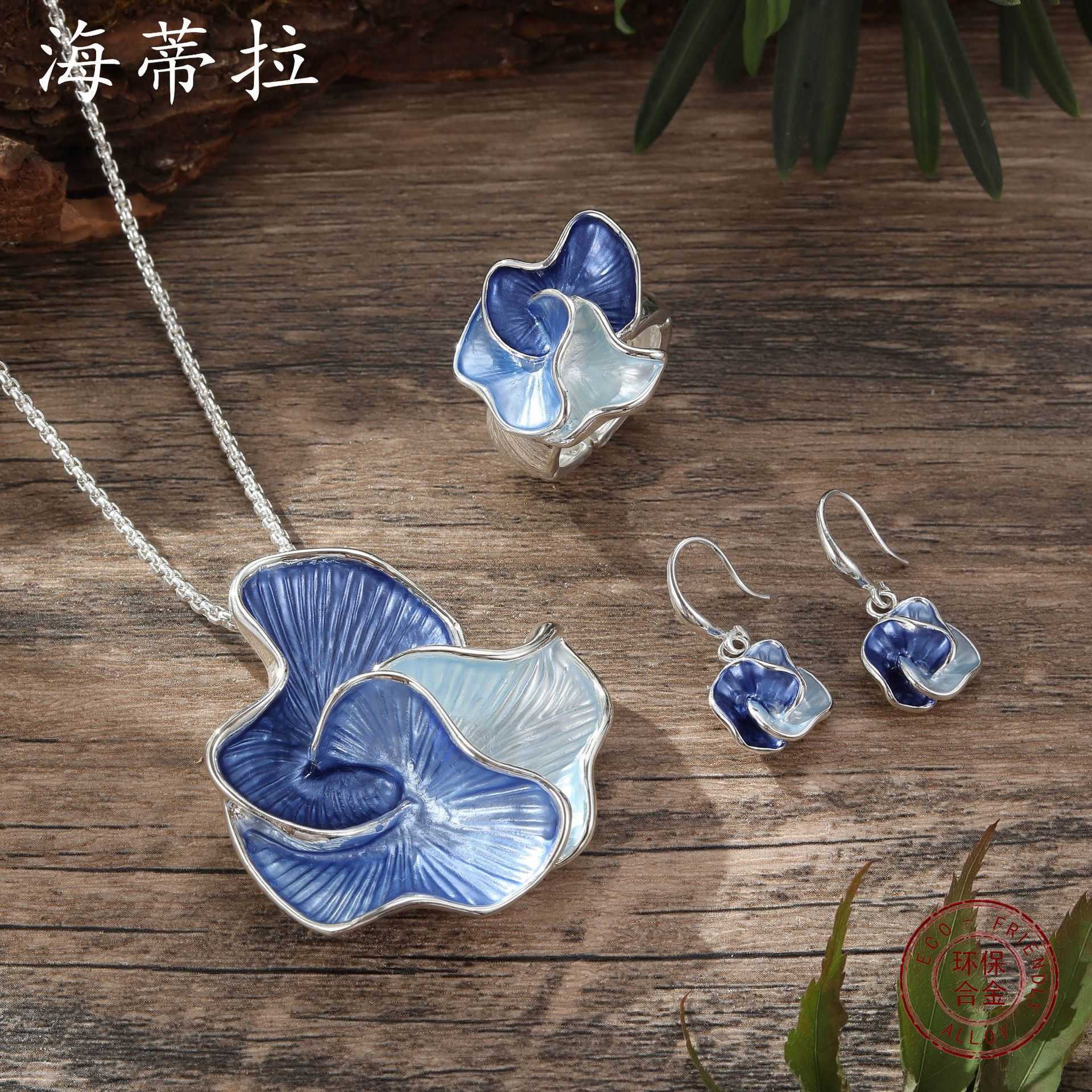 New Colored Oil Geometric Petal Earnail Ring Pendant Set for Womens Luxury Jewelry Set W250312