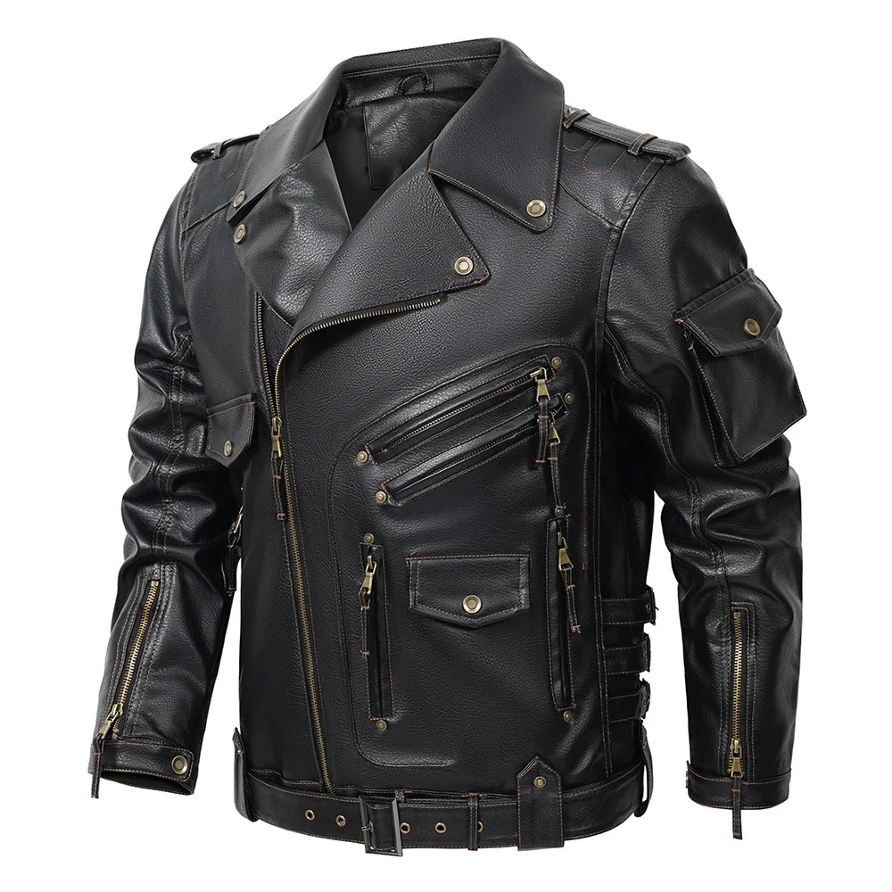 PU mens artificial leather American style jacket fashion casual multi pocket 250312