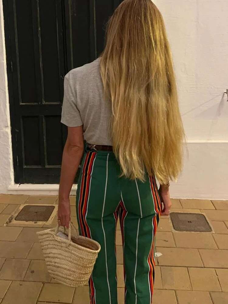 Fashion Dopamine Striped Long For Women High Waist Pockets Straight Wide Leg Trouser Female Contrast Chic Street Pants