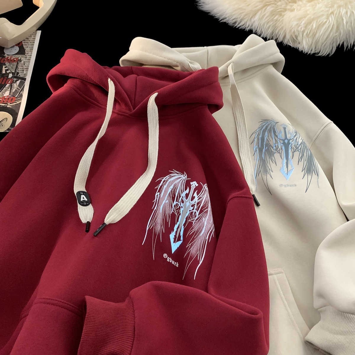 Night Light Hooded Sweatshirt for Men Autumn and Winter with Thick Velvet Loose Fit Teenagers American Couple Jacket