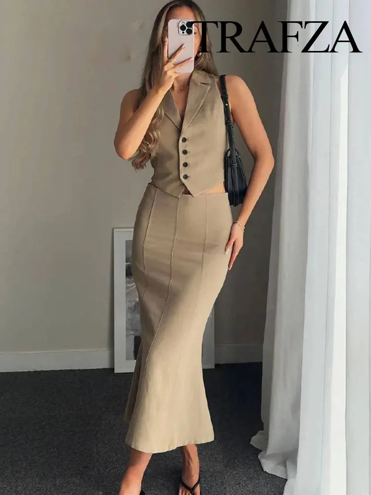 TRAFZA Summer Womens Street Slimming Tank Top 2piece Set Fashion Back Open n TopHigh Waist Flared Midi Skirt TRAF 250312