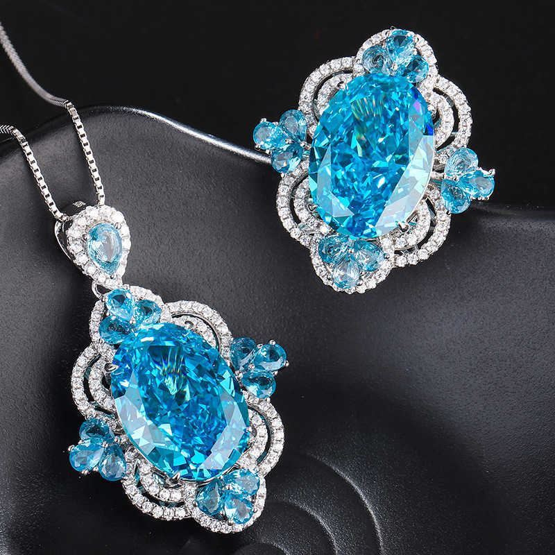 Zhuang Shengshengs new S925 silver high carbon diamond sea blue treasure sparkling luxury palace style inlaid set 13 * 18 W250312