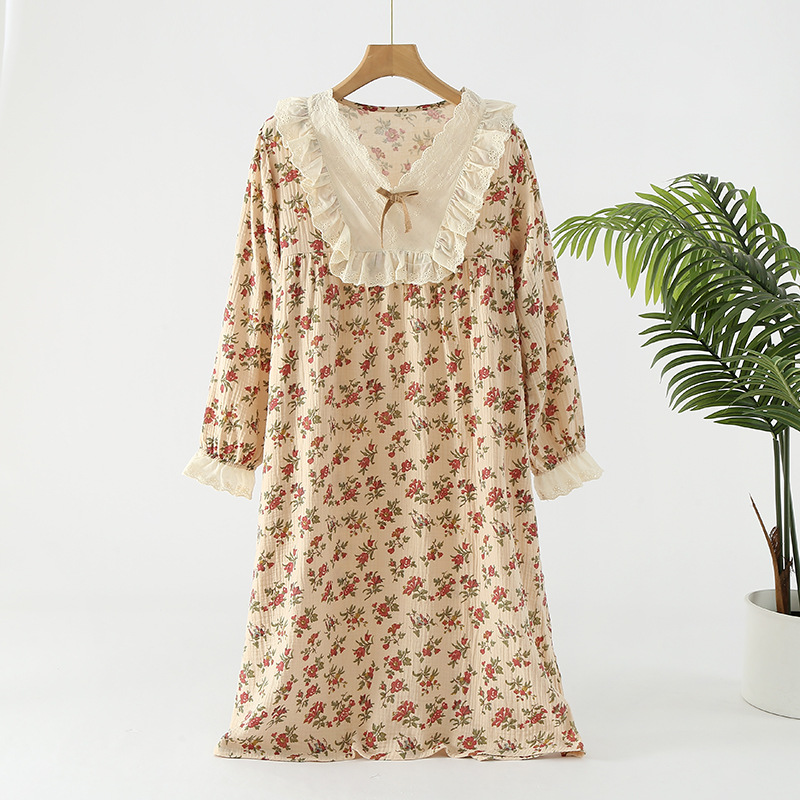 B773-Gentle women's floral pure cotton yarn loose double-layer gauze home clothes pajamas set autumn long sleeve home wear
