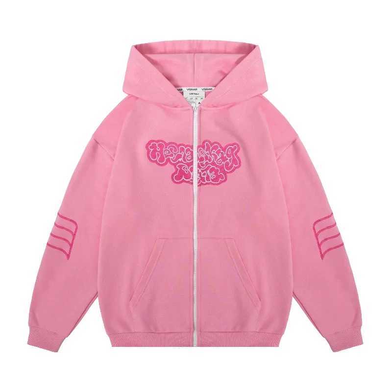 Kussia88 Y2K Zip Up Hoodie Men Women Trendy Art Embroidery Sweatshirt Fashion Harajuku Pink Oversized Streetwear Unisex Clothing M250312