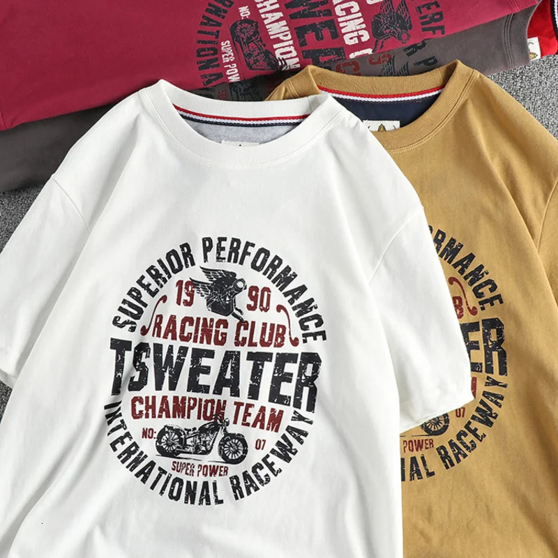 Summer personalized motorcycle elements letter pattern short sleeve Tshirt men retro trend youth american half 250312
