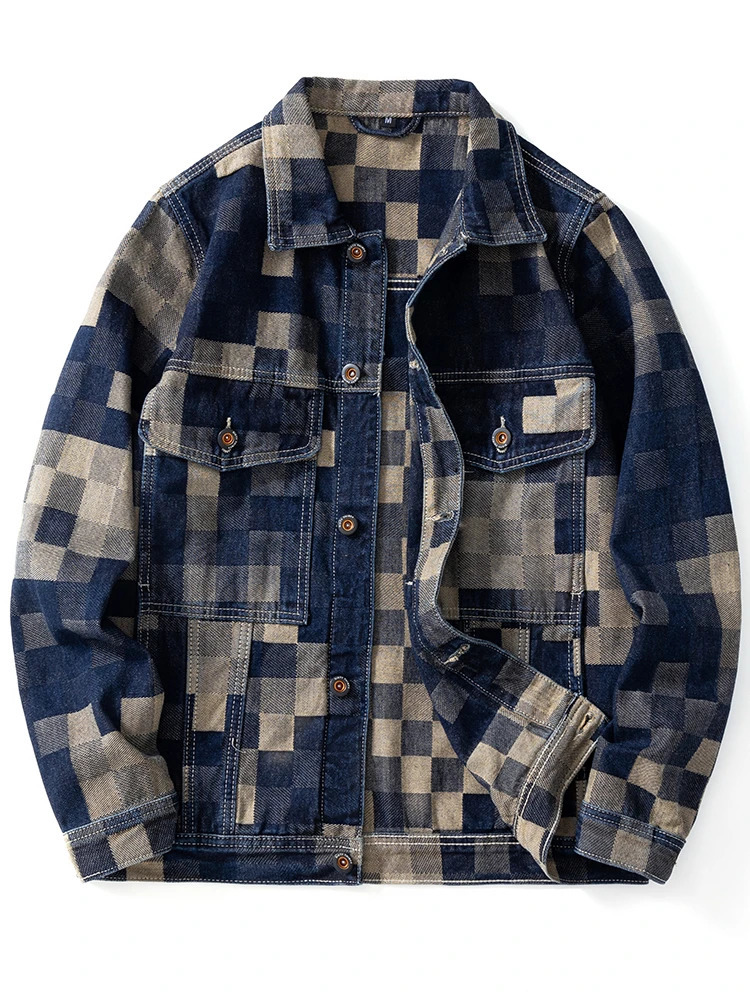 Retro loose denim jacket with grid pattern highend American mens casual 250312