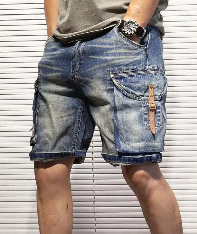 Summer mens loose straight leg denim shorts with multiple pockets outdoor knee length 250312