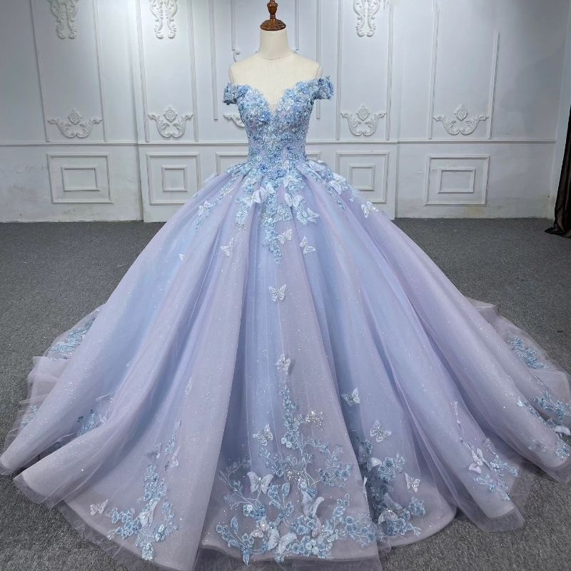 Glitter Lilac Quinceanera Dresses Appliques 3D Bow Beads Tull Sky Blue Lining Princess Off The Shoulder Sweet 16 Dress Vestidos 15 De Anos